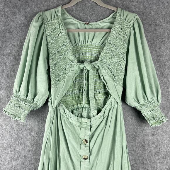 Free People String Of Hearts Maxi Dress Womens Small Green Smocked Boho Peasant - Picture 3 of 16